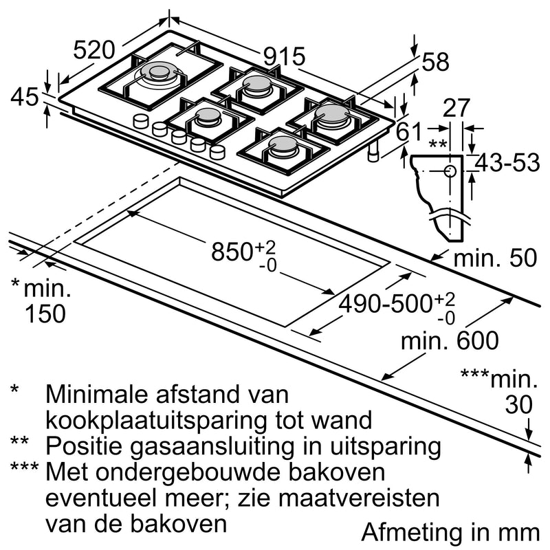 Bosch PPS9A6B90 - Serie 6 - Gaskookplaat - 90 cm - Hardglas - Zwart