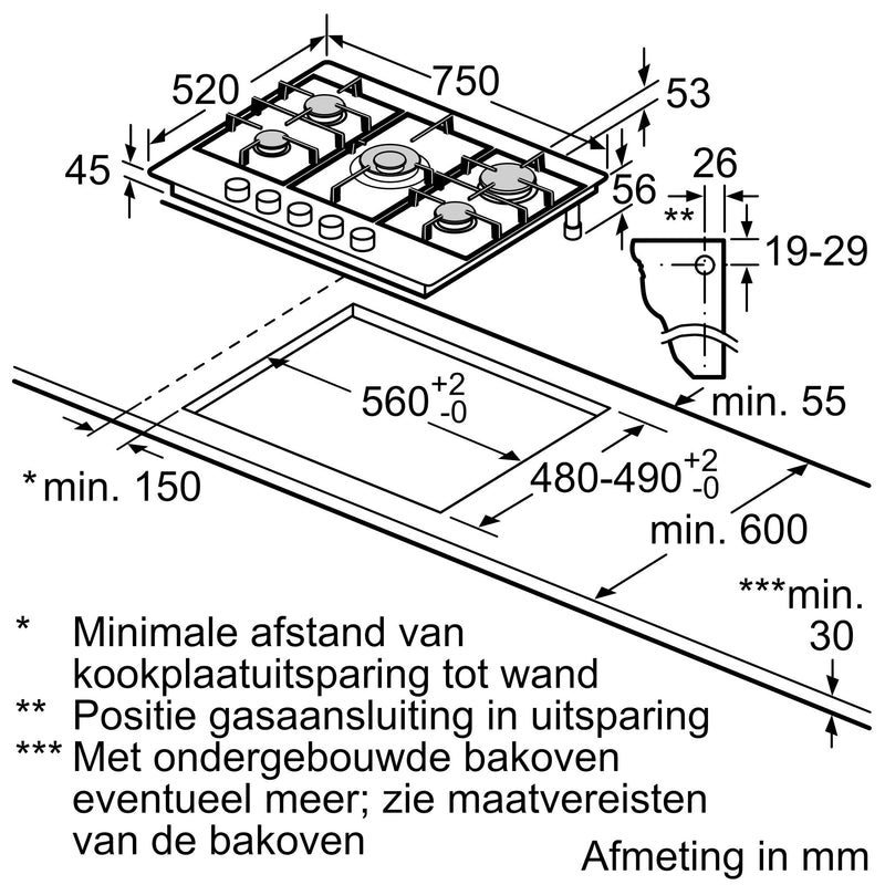 Bosch PGQ7B5B90 - Serie 4 - Gaskookplaat - 75 cm - Inox