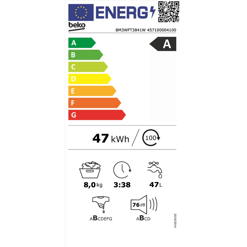 Beko BM3WFT3841W - Wasmachine - 8 Kg - Wit