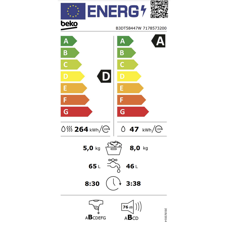 Beko B3DT58447W - Was-droogmachine - 8/5 Kg - Homewhiz - Wit