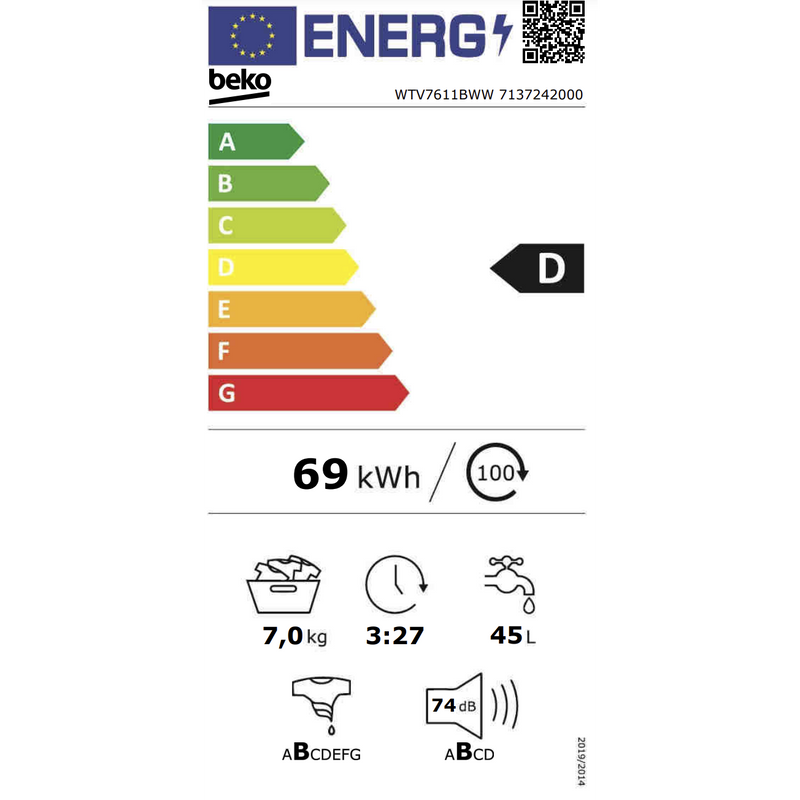 Beko WTV7611BWW - 7 kg - 1200 tpm - Vrijstaande Wasmachine